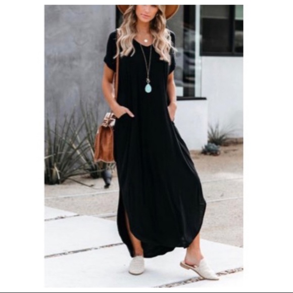 Black Best Selling loose side pockets maxi dress - Picture 3 of 6